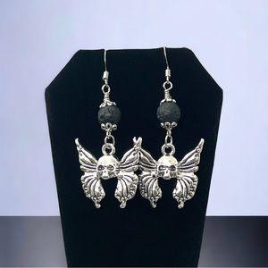 Handcrafted - Gothic Butterfly Skull Earrings – with Black Lava Stone Accents
